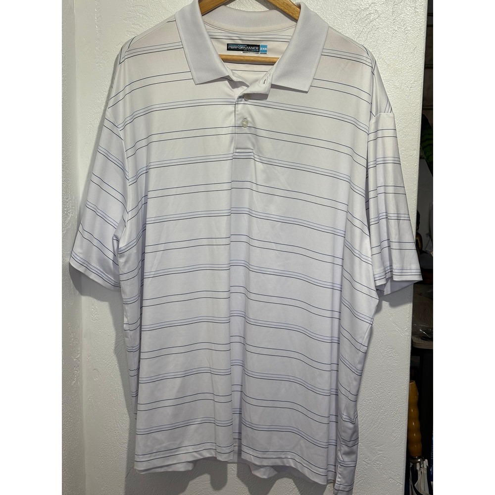 Roundtree‎ & Yorke Performance Polo Shirt Mens 2XB White Blue Striped Stretch